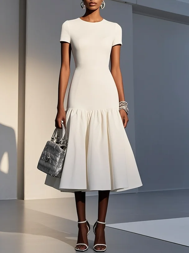 White Knit Cotton Crew Neck Short Sleeve Mermaid Midi Dress