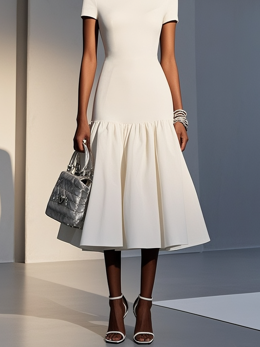 White Knit Cotton Crew Neck Short Sleeve Mermaid Midi Dress