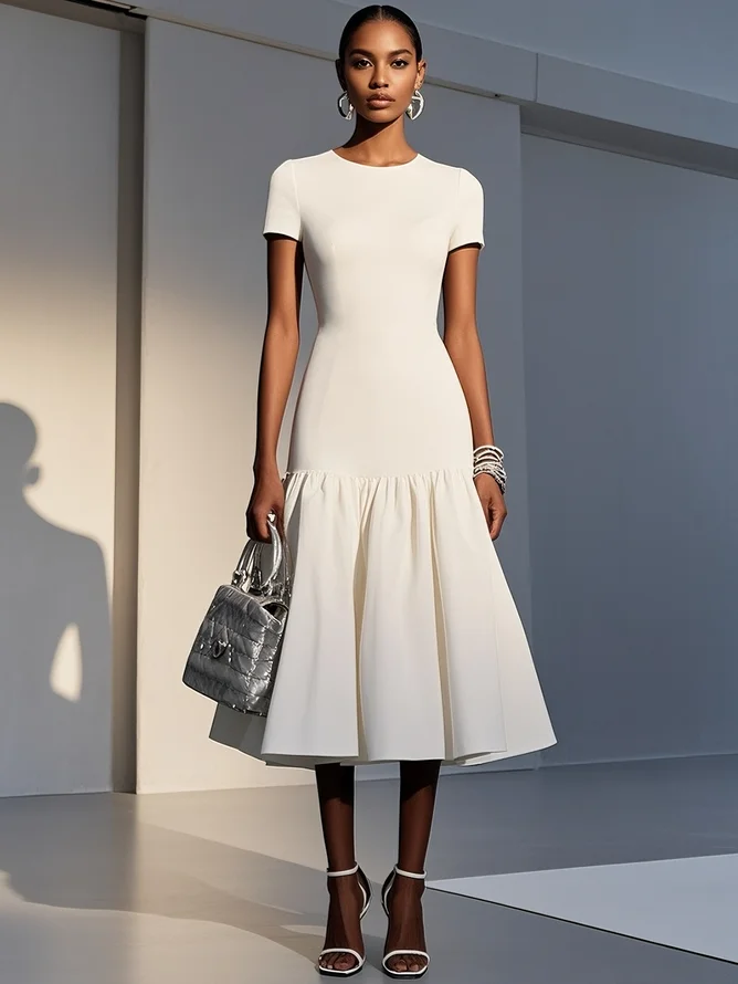 White Knit Cotton Crew Neck Short Sleeve Mermaid Midi Dress