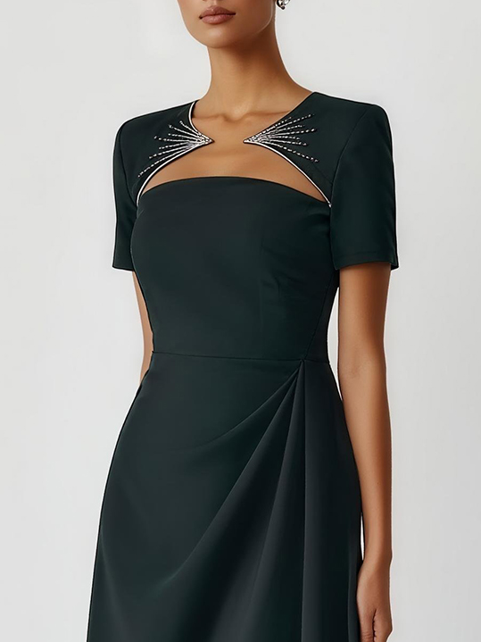 Black Ruched Hot Drilling Classic Crew Neck Short Sleeve A-Line Midi Dress