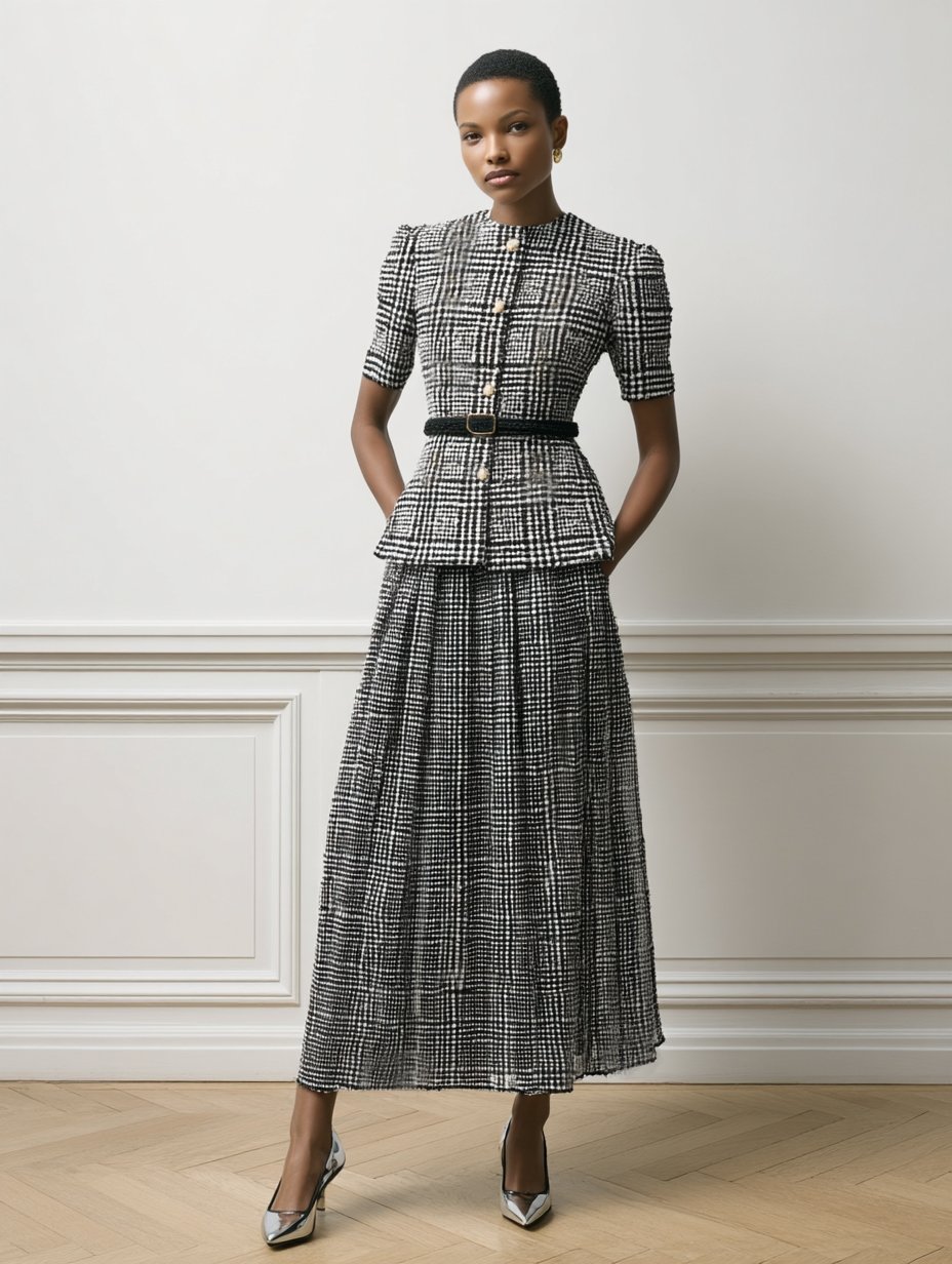 Women Gray Buckle Crew Neck Long Sleeve Dressy Coat With Skirt Two-Piece Set