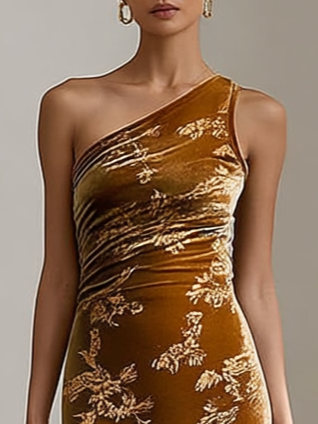 Golden Jacquard Velvet One Shoulder Sleeveless Sheath Midi Dress