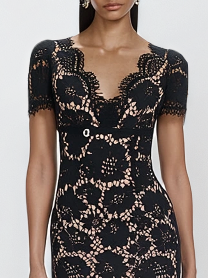 Black Lace Edge Lace V Neck Short Sleeve Mermaid Midi Dress