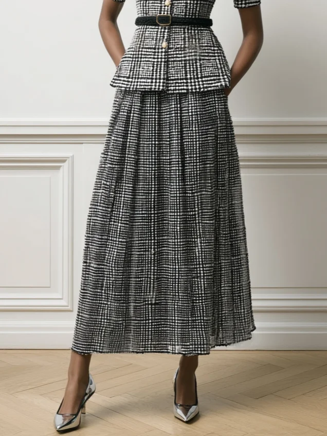 Women Gray Buckle Crew Neck Long Sleeve Dressy Coat With Skirt Two-Piece Set