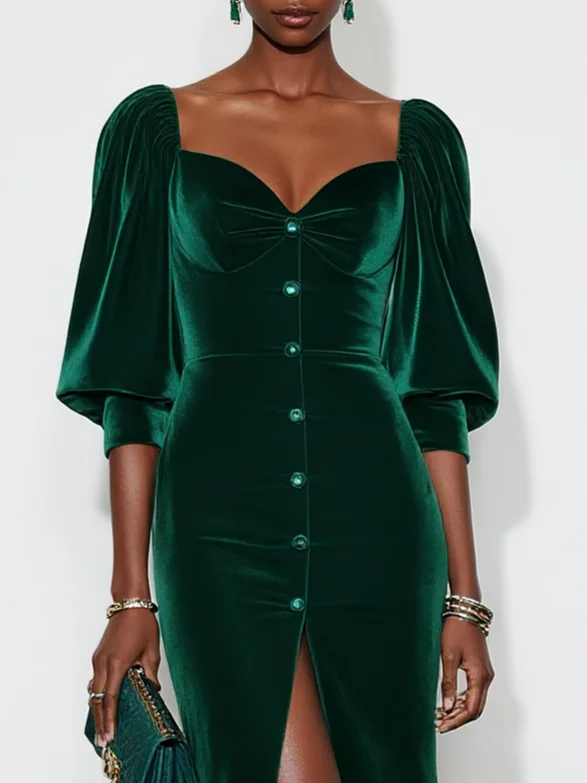 Green Buckle Slit Velvet Sweetheart Neckline Half Sleeve Balloon Sleeve Mermaid Gown Dress