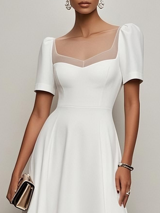 White Mesh Classic Sweetheart Neckline Short Sleeve A-Line Midi Dress