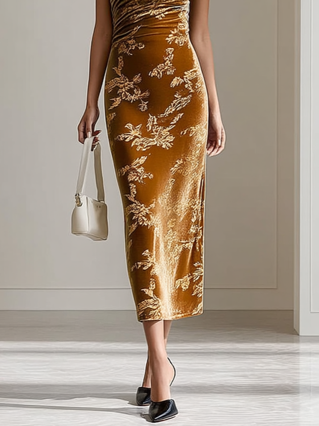 Golden Jacquard Velvet One Shoulder Sleeveless Sheath Midi Dress