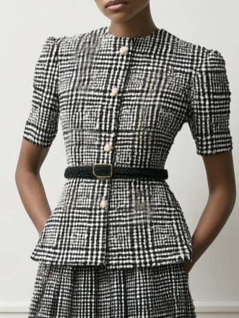 Women Gray Buckle Crew Neck Long Sleeve Dressy Coat With Skirt Two-Piece Set