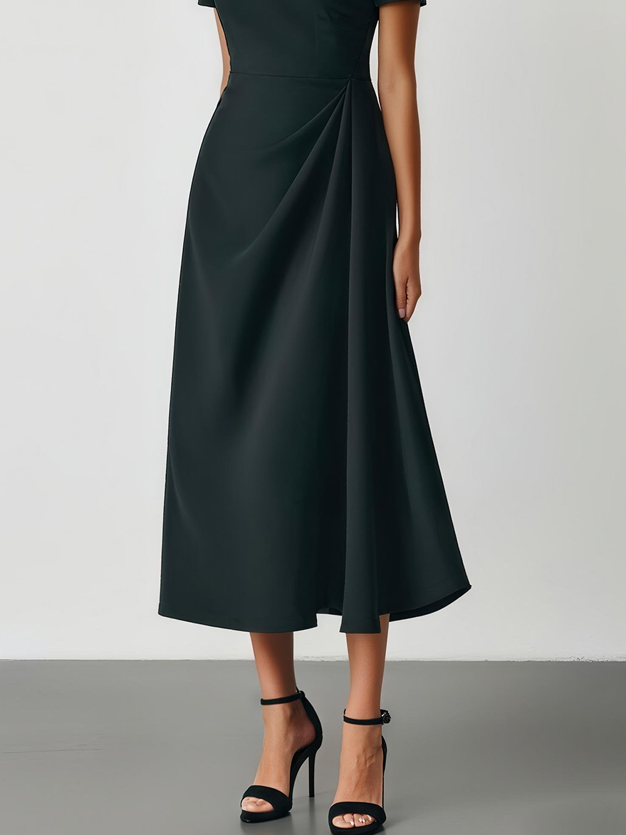 Black Ruched Hot Drilling Classic Crew Neck Short Sleeve A-Line Midi Dress