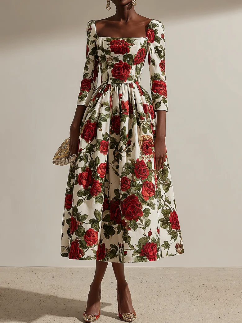 Red Floral Classic Square Neck Three Quarter Sleeve A-Line Midi Dress