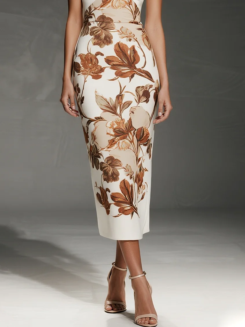 Khaki Floral Classic V Neck Short Sleeve Sheath Midi Dress