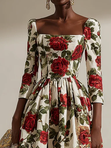 Red Floral Classic Square Neck Three Quarter Sleeve A-Line Midi Dress