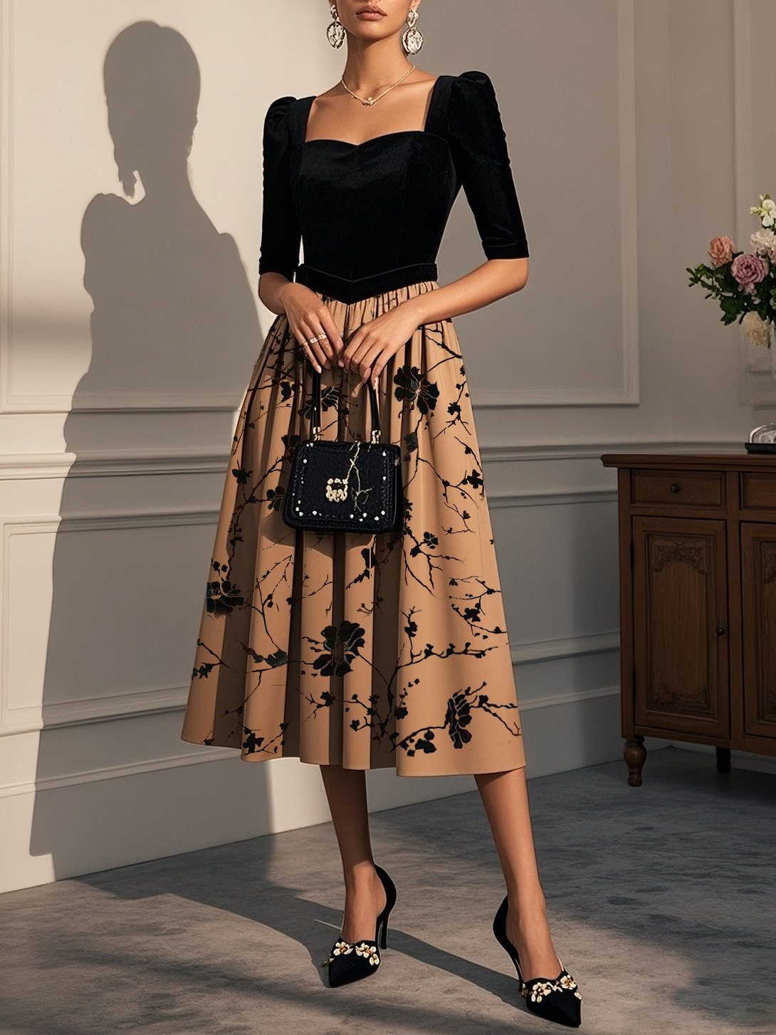 Khaki Floral Velvet Sweetheart Neckline Half Sleeve A-Line Midi Dress