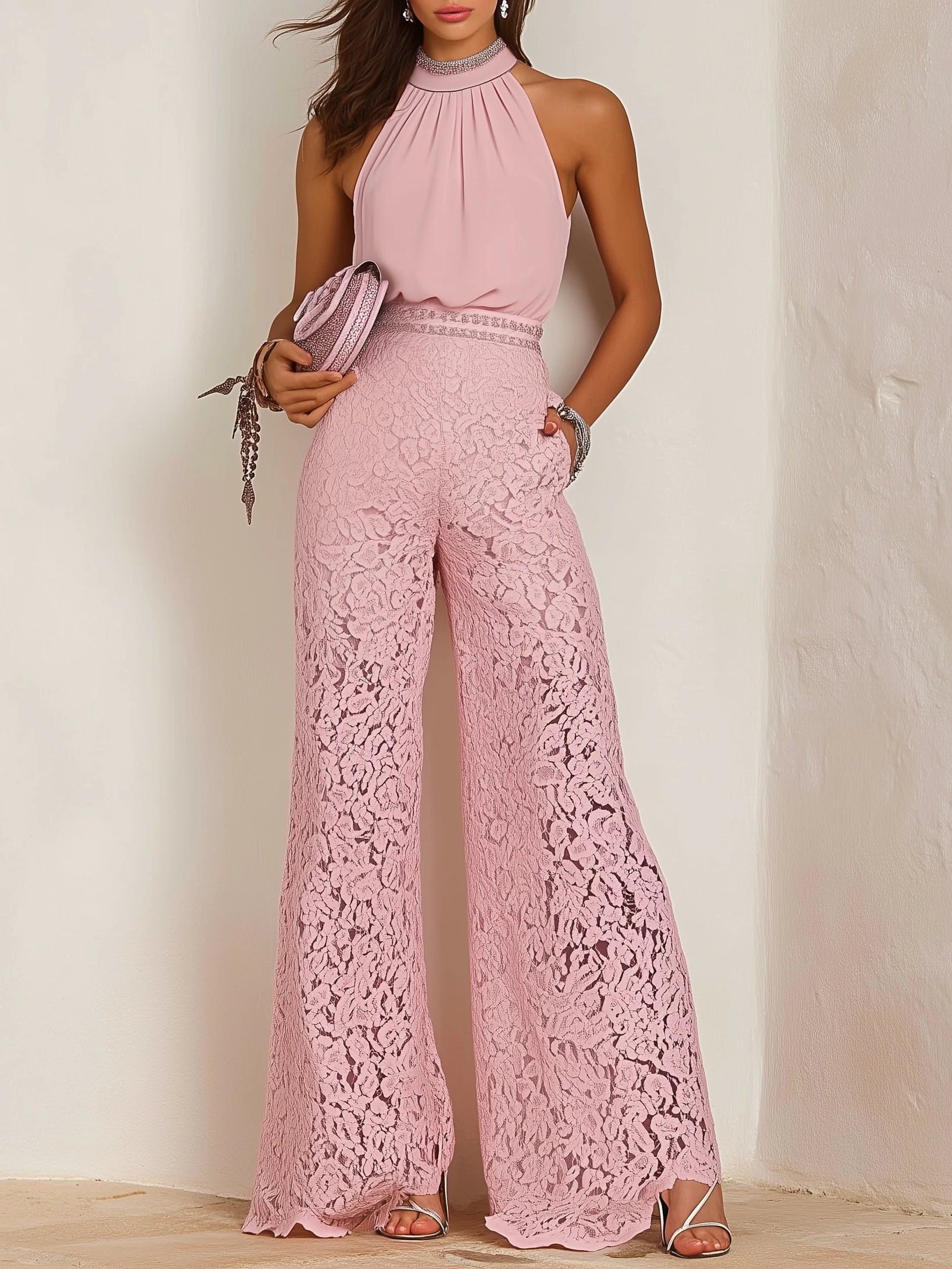 Women Pink Lace Rhinestone Mock Neck Sleeveless Dressy Jumpsuit