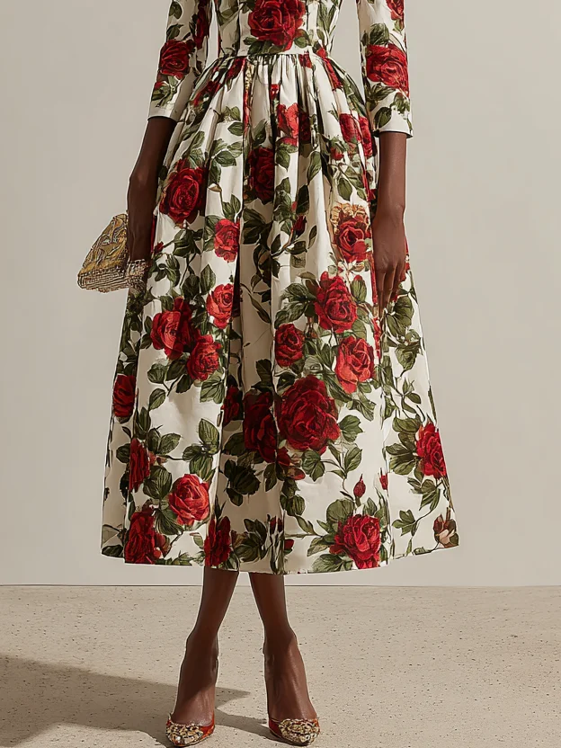 Red Floral Classic Square Neck Three Quarter Sleeve A-Line Midi Dress