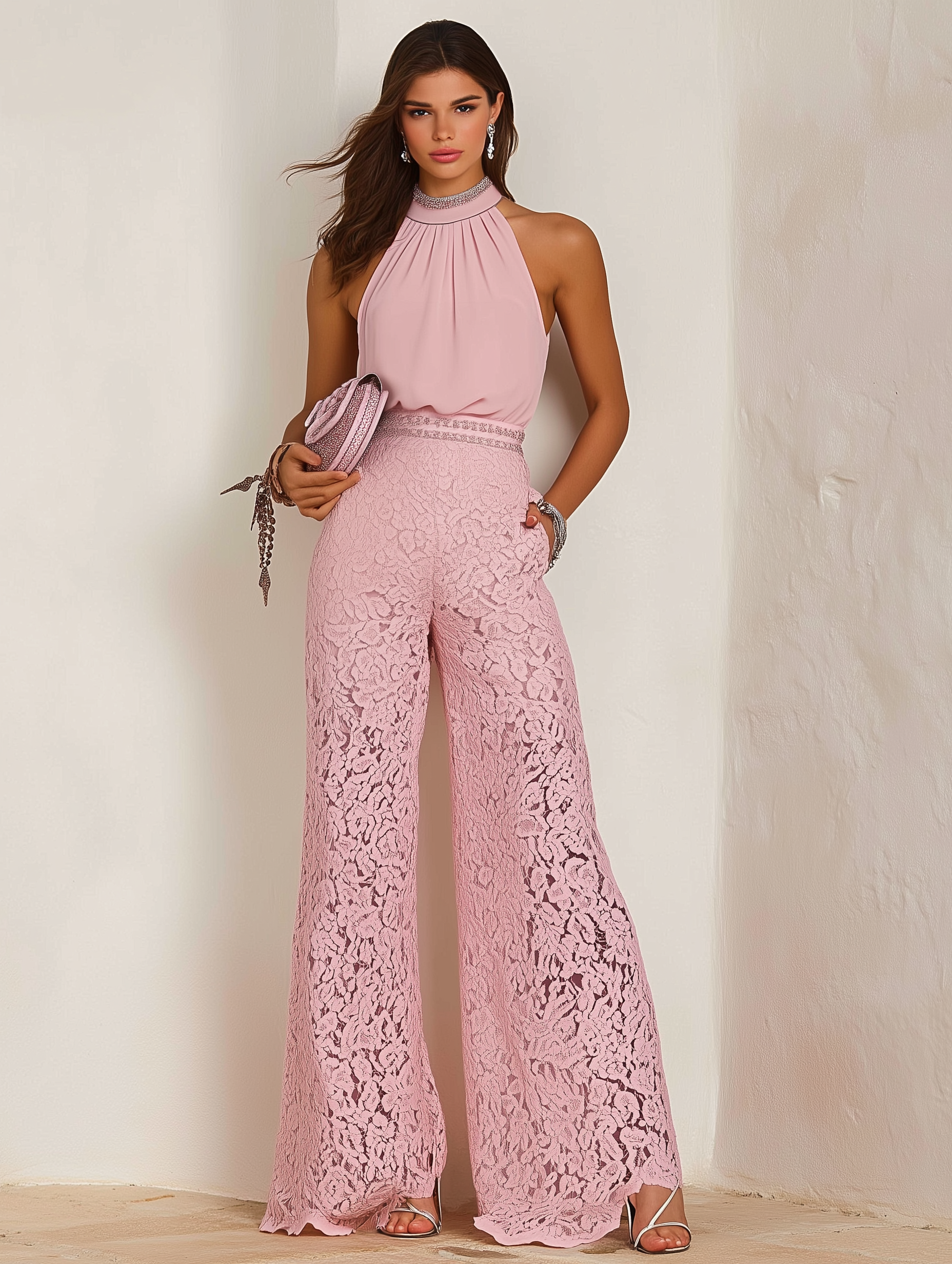 Women Pink Lace Rhinestone Mock Neck Sleeveless Dressy Jumpsuit