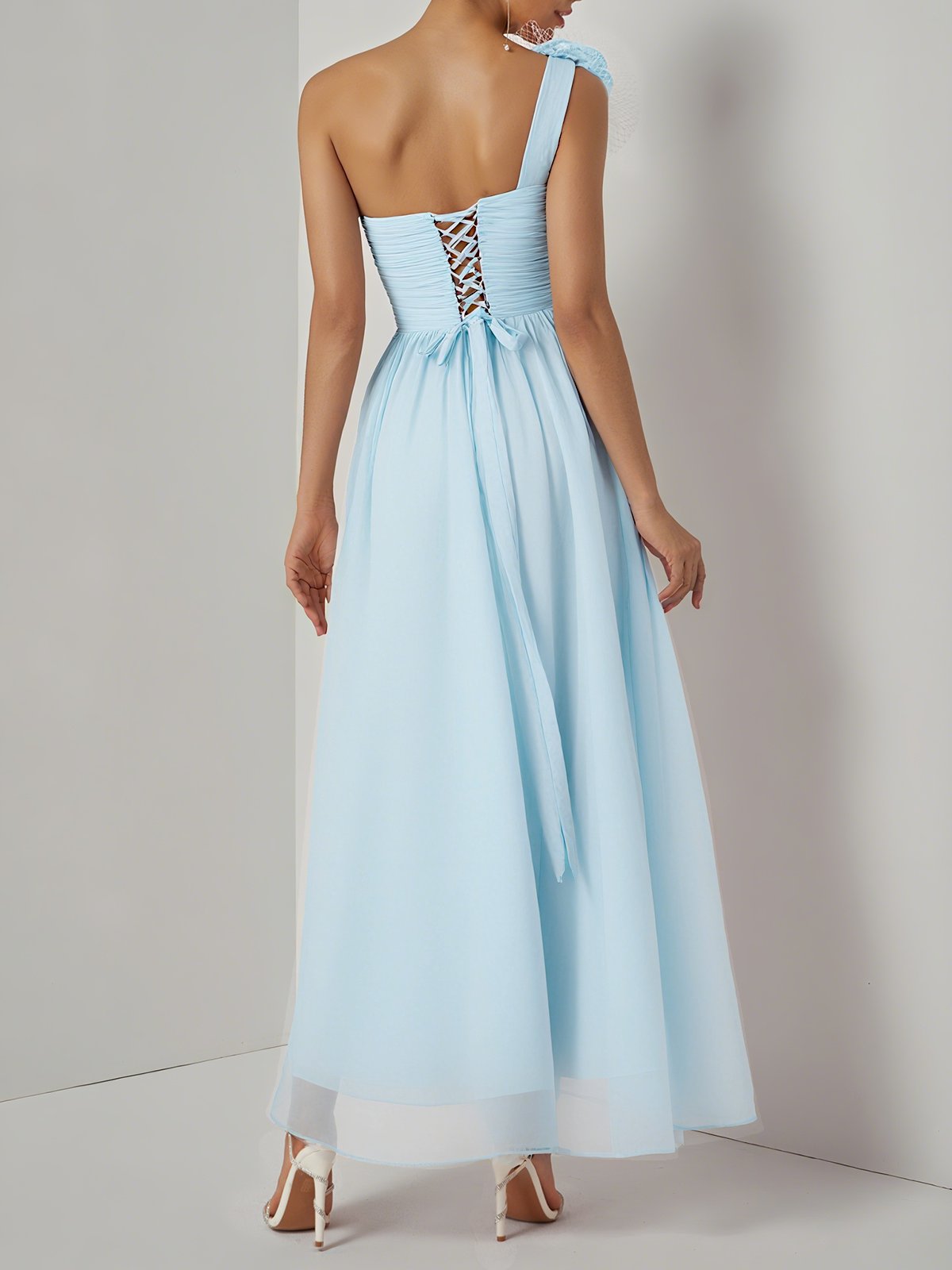 Light Blue Removable 3D Floral Ruched Chiffon One Shoulder Sleeveless Sheath Gown Dress