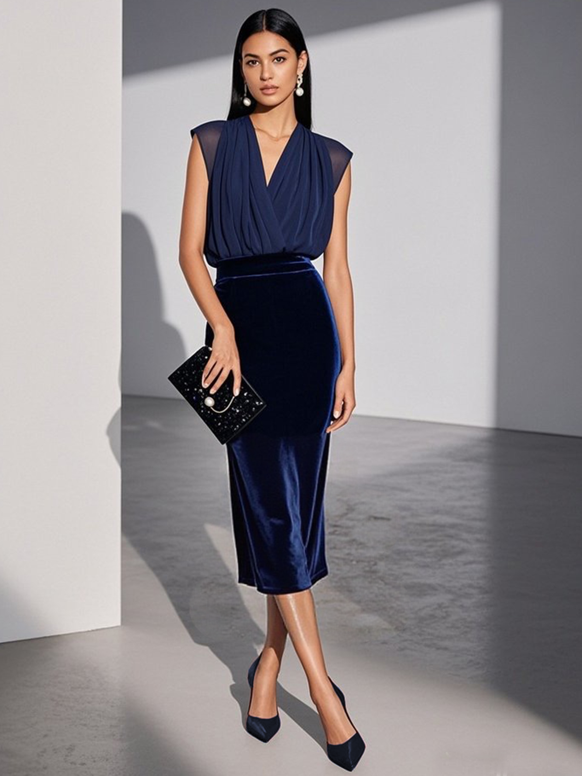 Blue Mesh Velvet V Neck Cap Sleeve Sheath Midi Dress