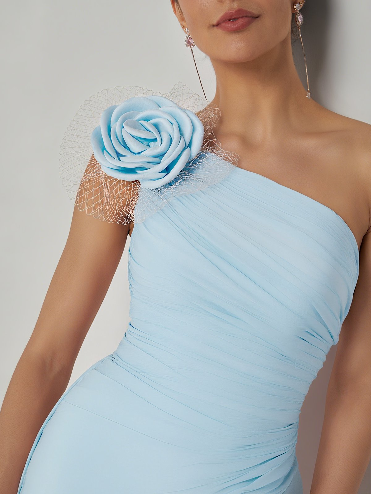 Light Blue Removable 3D Floral Ruched Chiffon One Shoulder Sleeveless Sheath Gown Dress