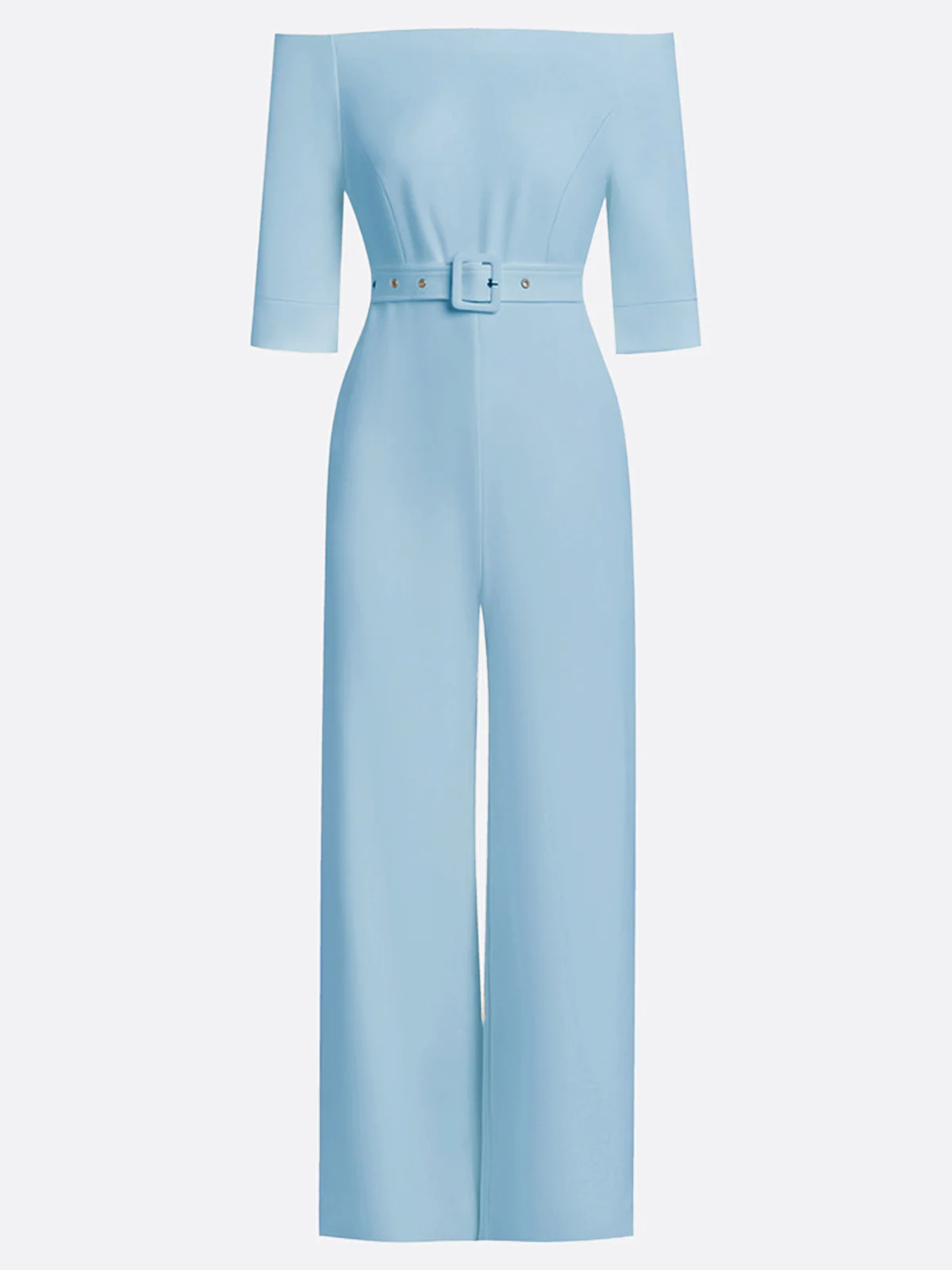 Women Light Blue Off The Shoulder Half Sleeve Dressy Jumpsuit