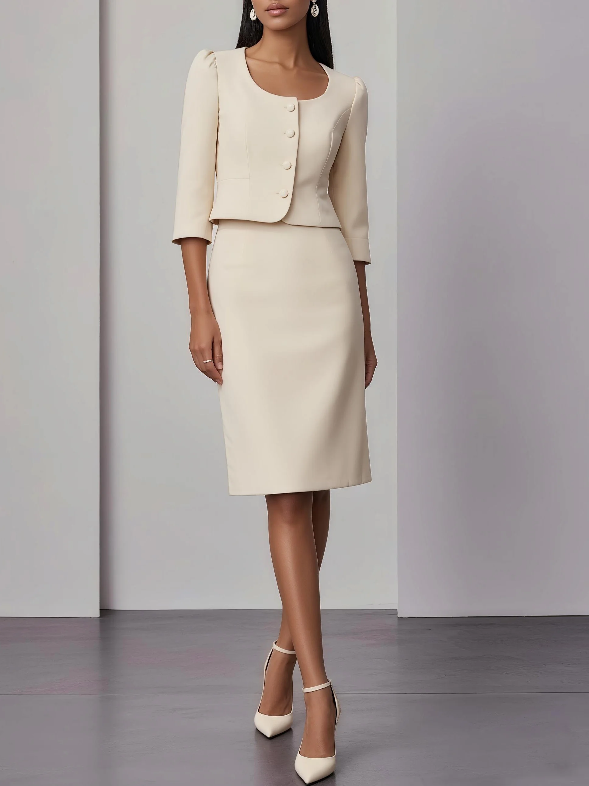 Women Beige Buckle U-Neck Half Sleeve Dressy Coat With Skirt Two-Piece Set