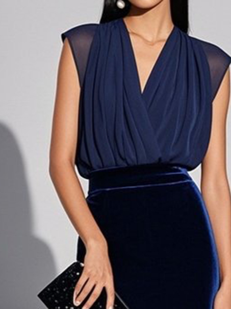 Blue Mesh Velvet V Neck Cap Sleeve Sheath Midi Dress