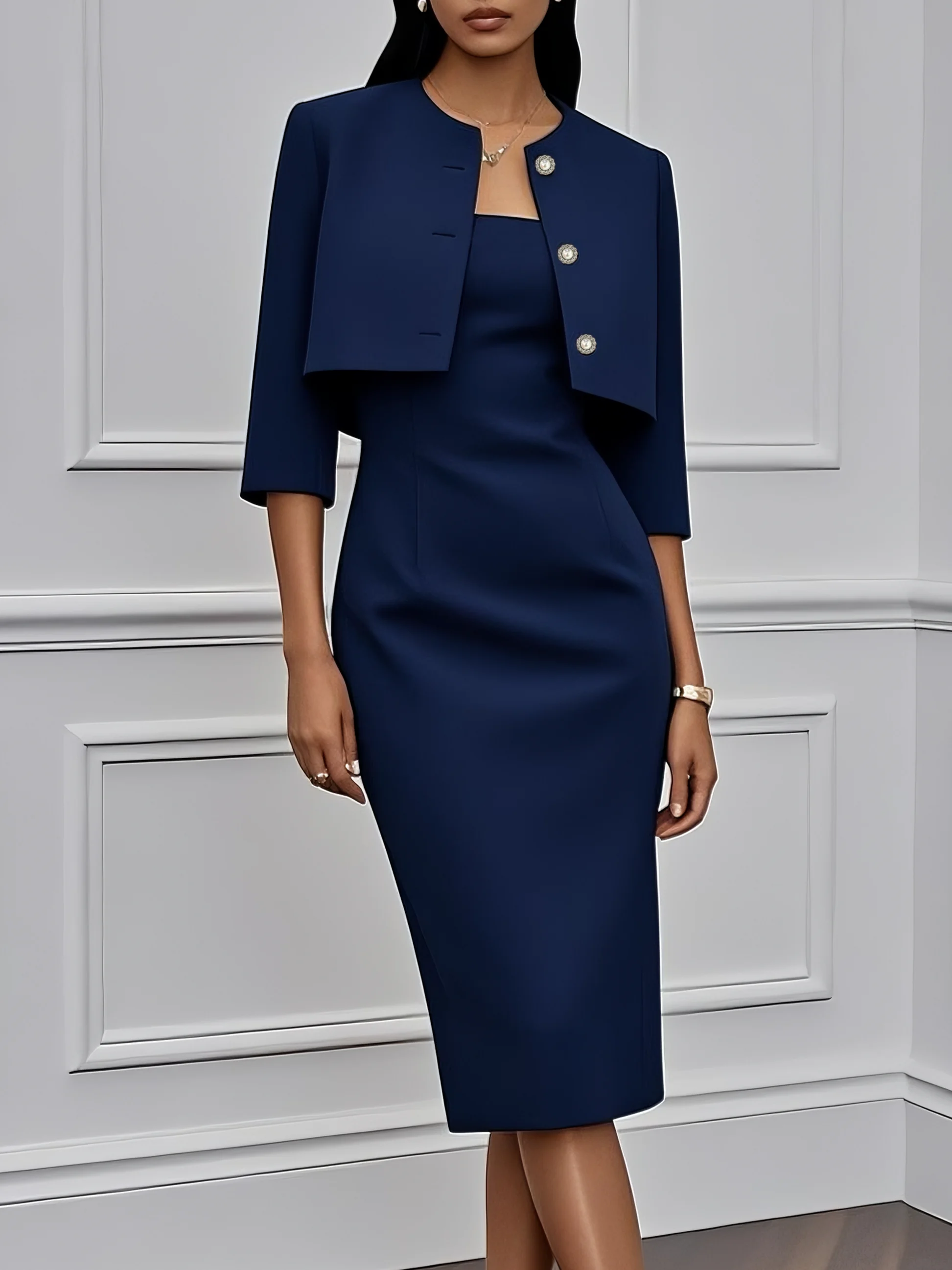 Women Navy Blue Buckle Crew Neck Three Quarter Sleeve Dressy Coat With Dress Two-Piece Dress