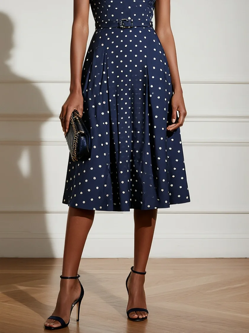 Navy Blue Polka Dots Classic Mock Neck Short Sleeve A-Line Midi Dress