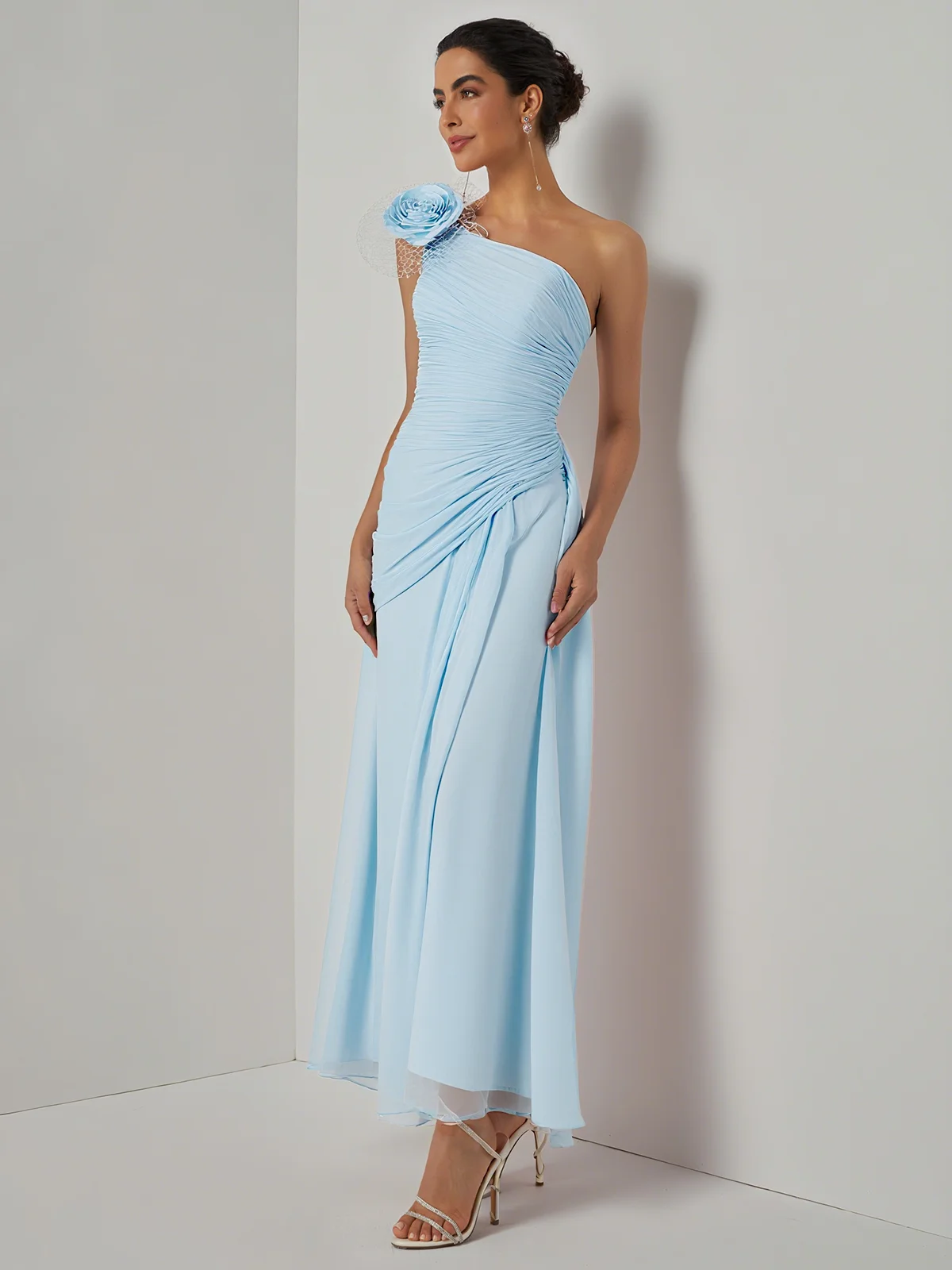 Light Blue Removable 3D Floral Ruched Chiffon One Shoulder Sleeveless Sheath Gown Dress