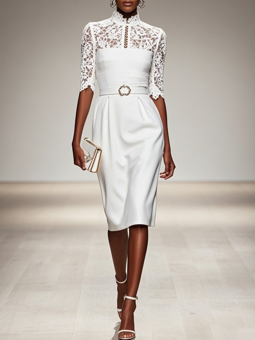 White Lace Classic Mock Neck Half Sleeve Sheath Midi Dress