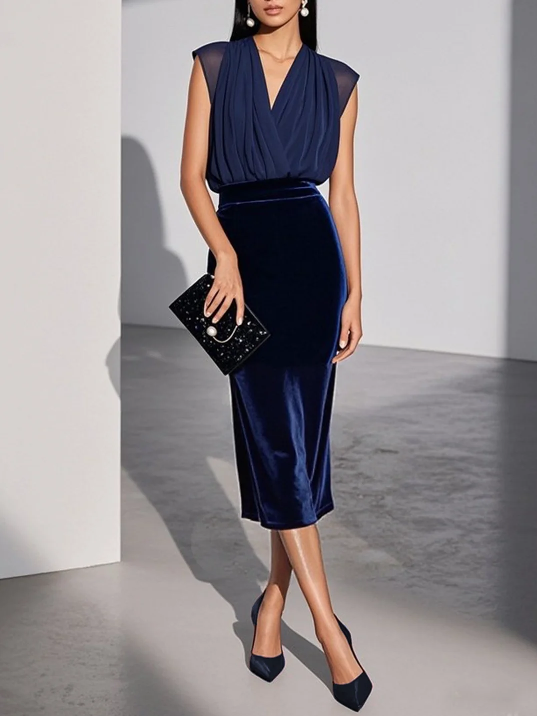 Blue Mesh Velvet V Neck Cap Sleeve Sheath Midi Dress