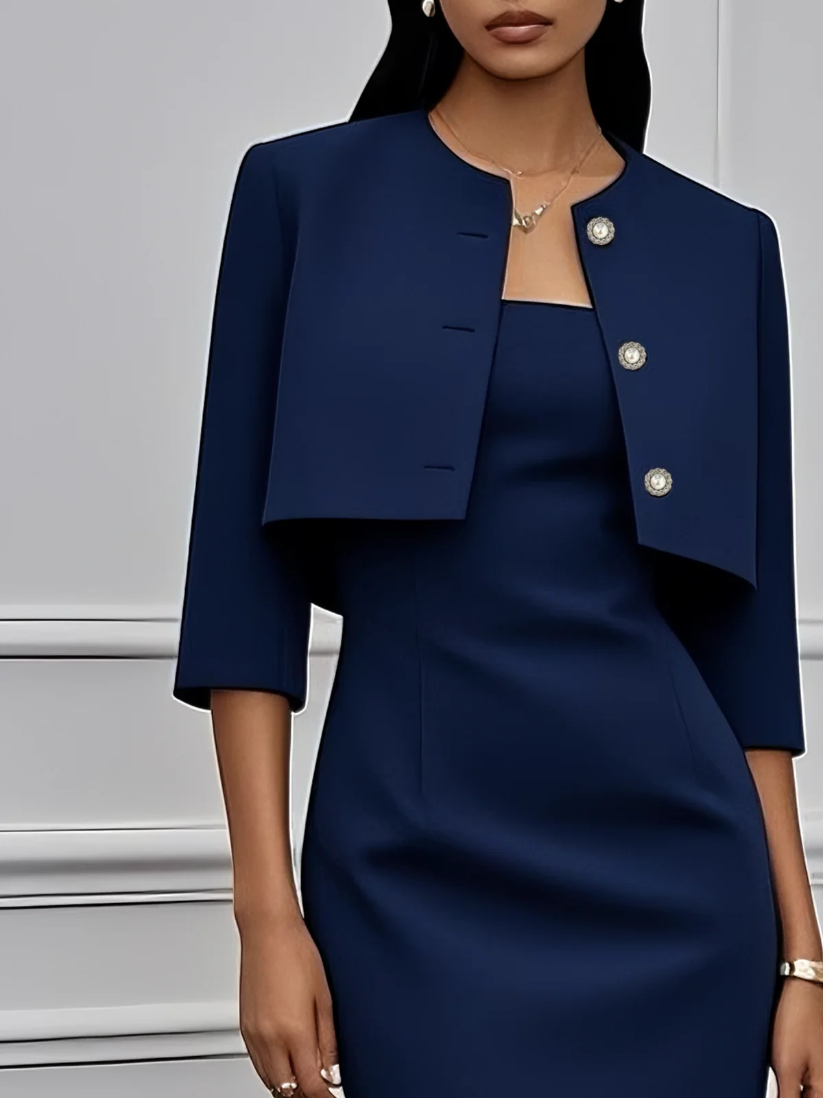 Women Navy Blue Buckle Crew Neck Three Quarter Sleeve Dressy Coat With Dress Two-Piece Dress