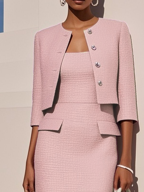 Women Tweed Pink Buckle Crew Neck Half Sleeve Dressy Coat With Dress Two-Piece Dress