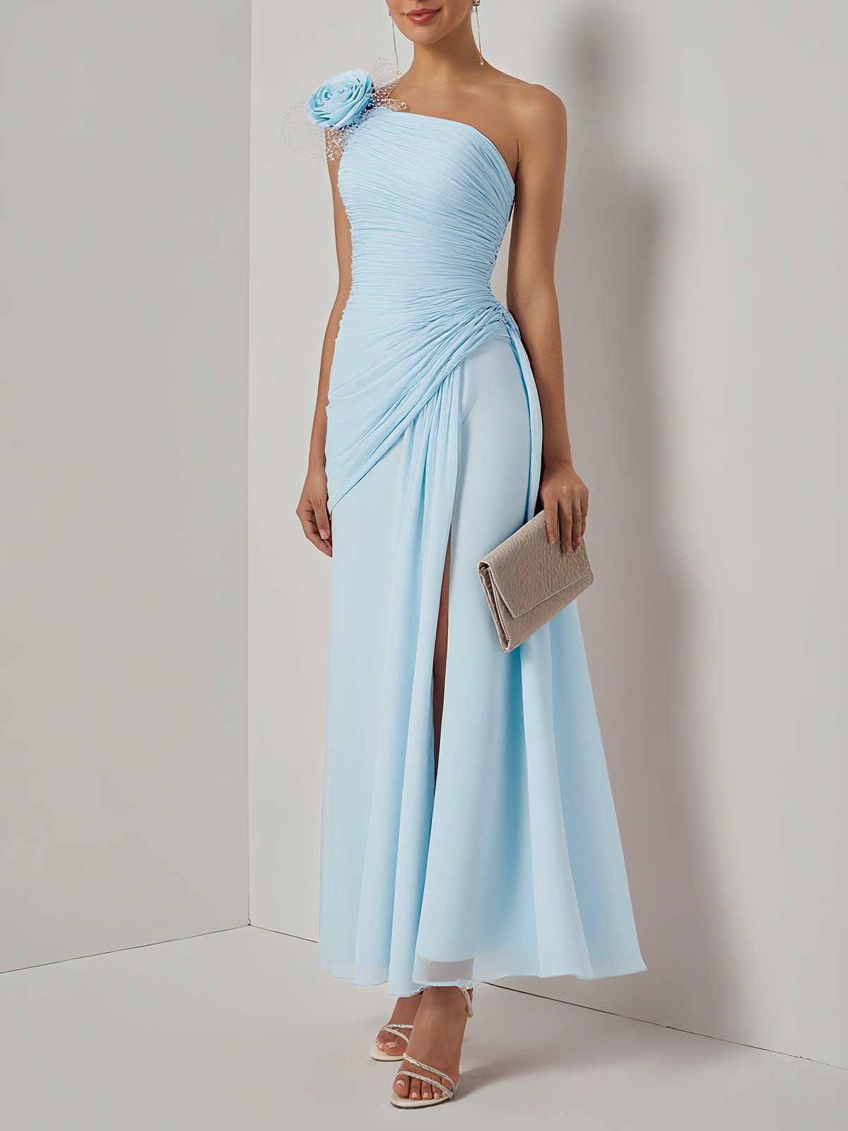 Light Blue Removable 3D Floral Ruched Chiffon One Shoulder Sleeveless Sheath Gown Dress