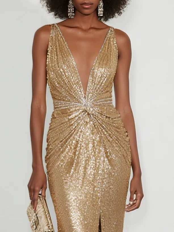 Golden Rhinestone Ruched Sequin V Neck Sleeveless Sheath Gown Dress