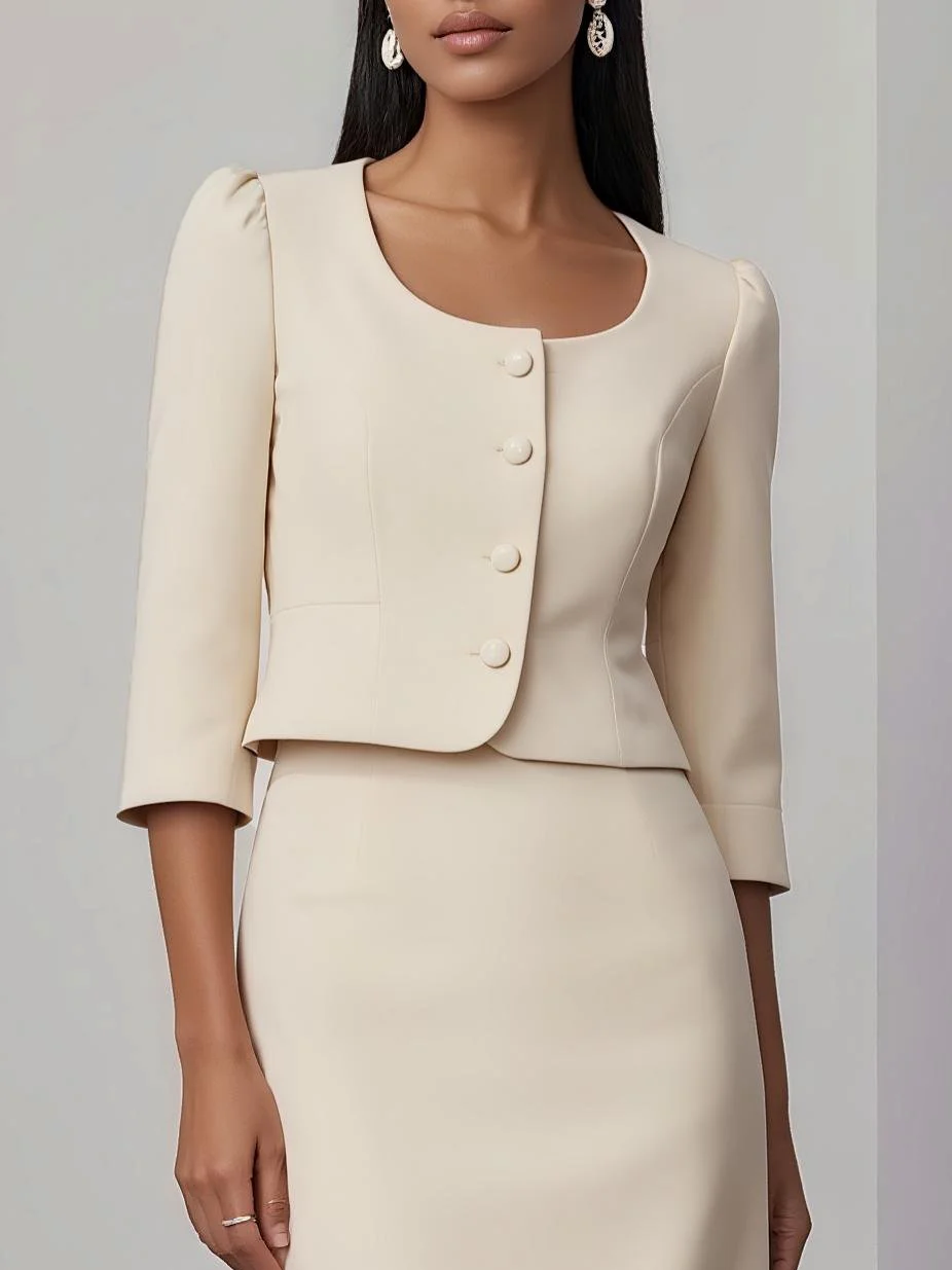 Women Beige Buckle U-Neck Half Sleeve Dressy Coat With Skirt Two-Piece Set
