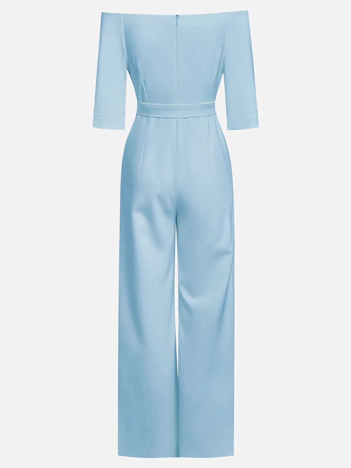 Women Light Blue Off The Shoulder Half Sleeve Dressy Jumpsuit