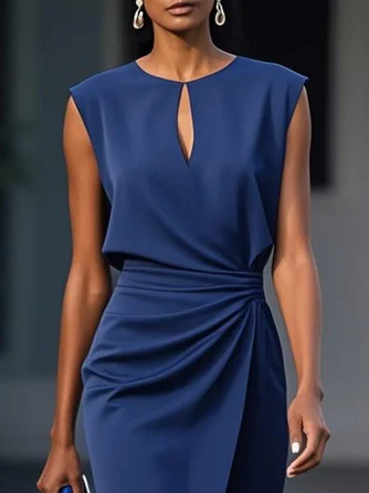 Purplish Blue Ruched Cut Out Classic Crew Neck Cap Sleeve Sheath Midi Dress