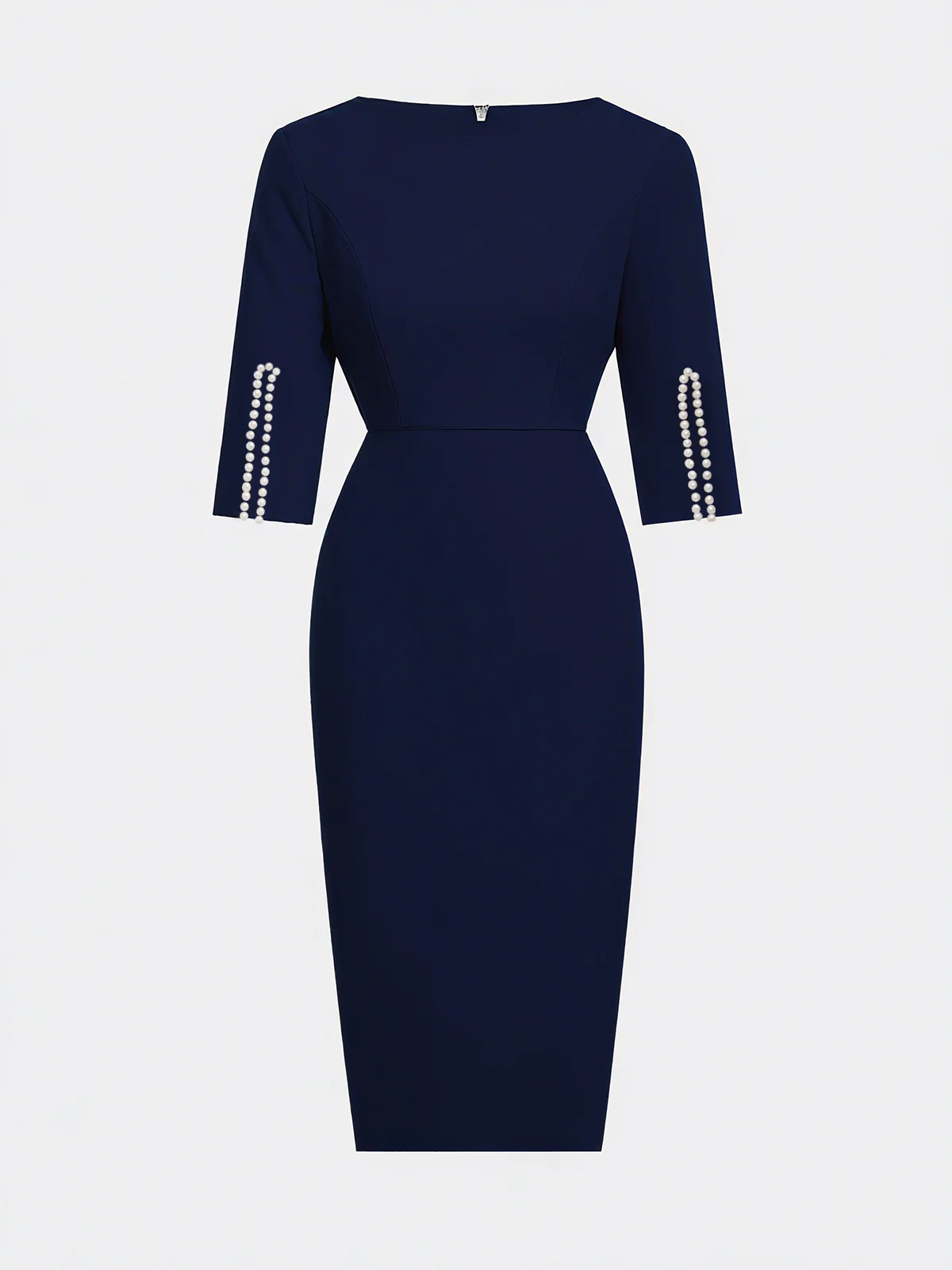 Purplish blue Imitation Pearls Classic Crew Neck Half Sleeve Sheath Midi Dress