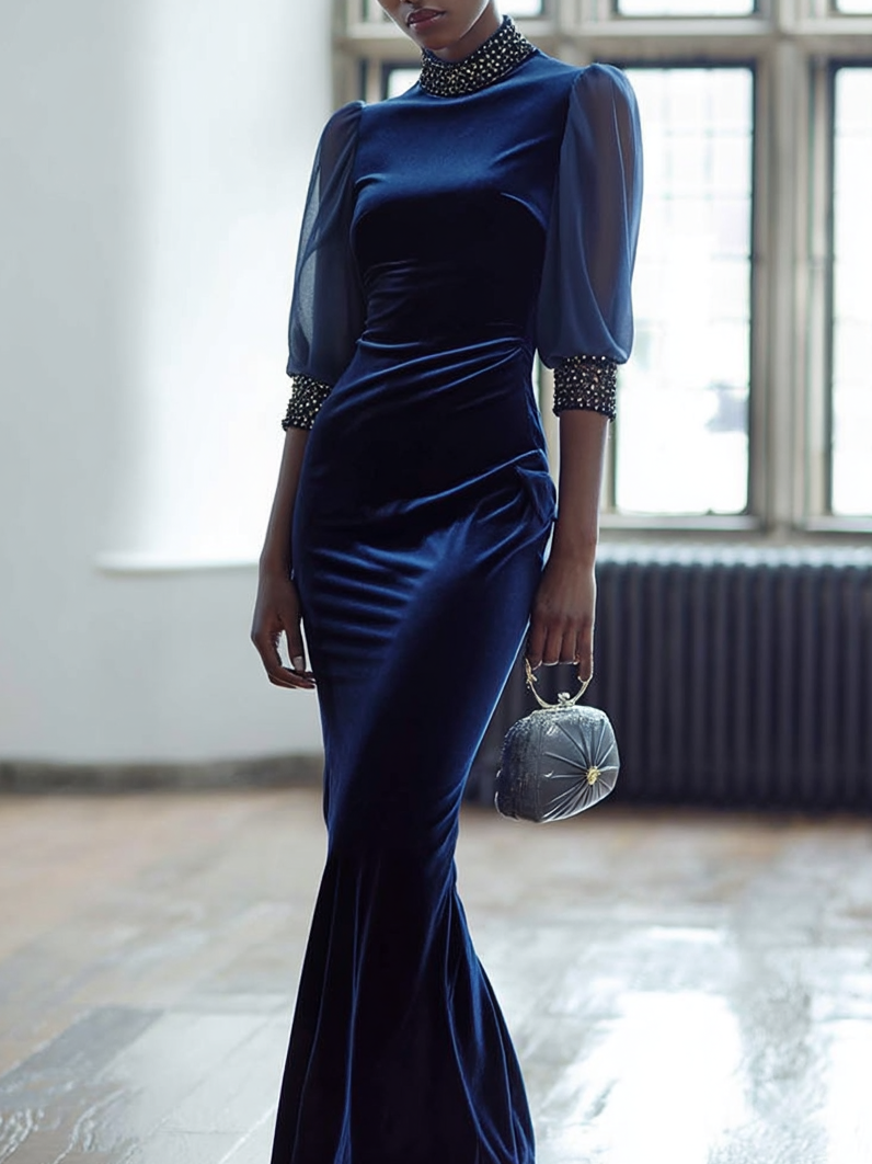 Royal Blue Rhinestone Velvet Stand Collar Half Sleeve Balloon Sleeve Mermaid Maxi Dress