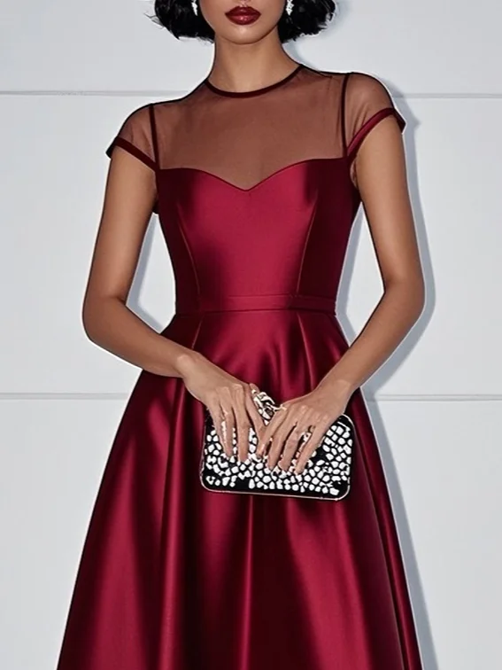 Wine Red Mesh Satin Crew Neck Short Sleeve A-Line Midi Dress