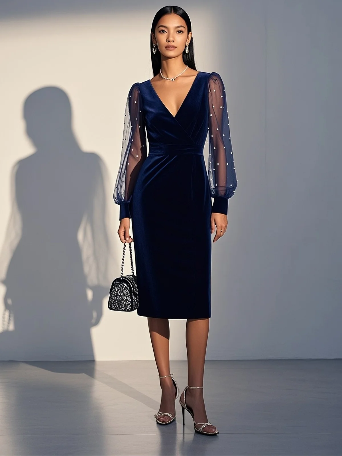 Navy Blue Mesh Imitation Pearls Velvet V Neck Long Sleeve Balloon Sleeve Sheath Midi Dress