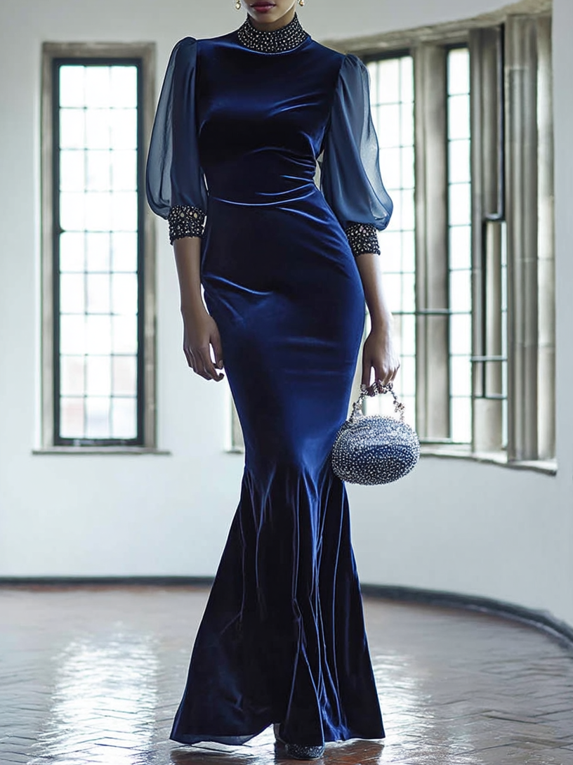 Royal Blue Rhinestone Velvet Stand Collar Half Sleeve Balloon Sleeve Mermaid Maxi Dress