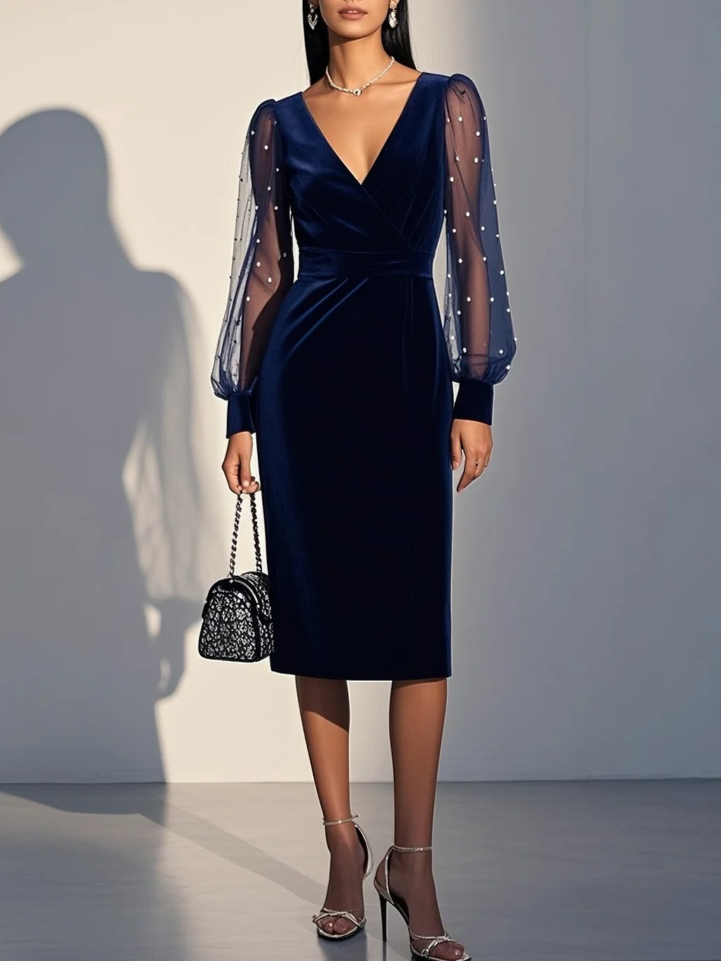Navy Blue Mesh Imitation Pearls Velvet V Neck Long Sleeve Balloon Sleeve Sheath Midi Dress