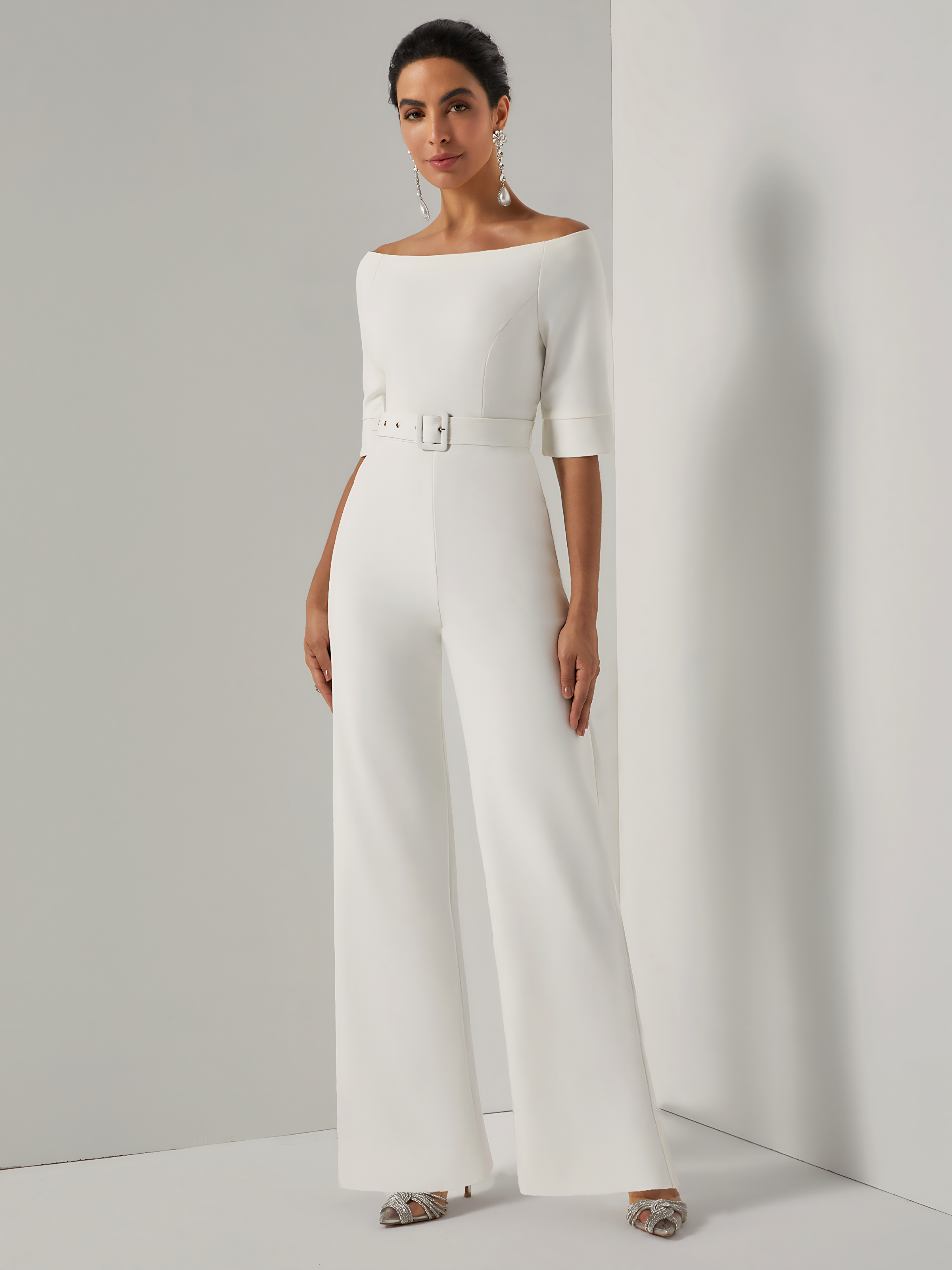Women White Off The Shoulder Half Sleeve Dressy Jumpsuit