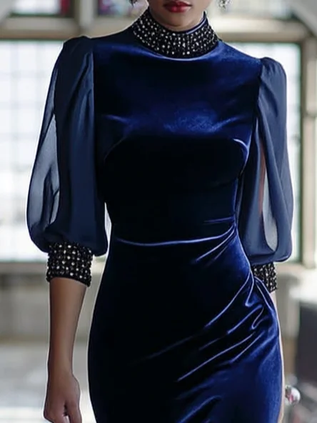 Royal Blue Rhinestone Velvet Stand Collar Half Sleeve Balloon Sleeve Mermaid Maxi Dress