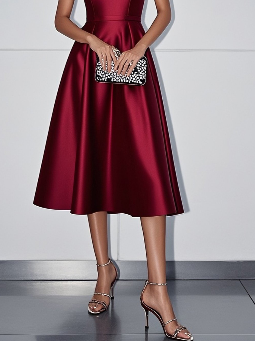Wine Red Mesh Satin Crew Neck Short Sleeve A-Line Midi Dress