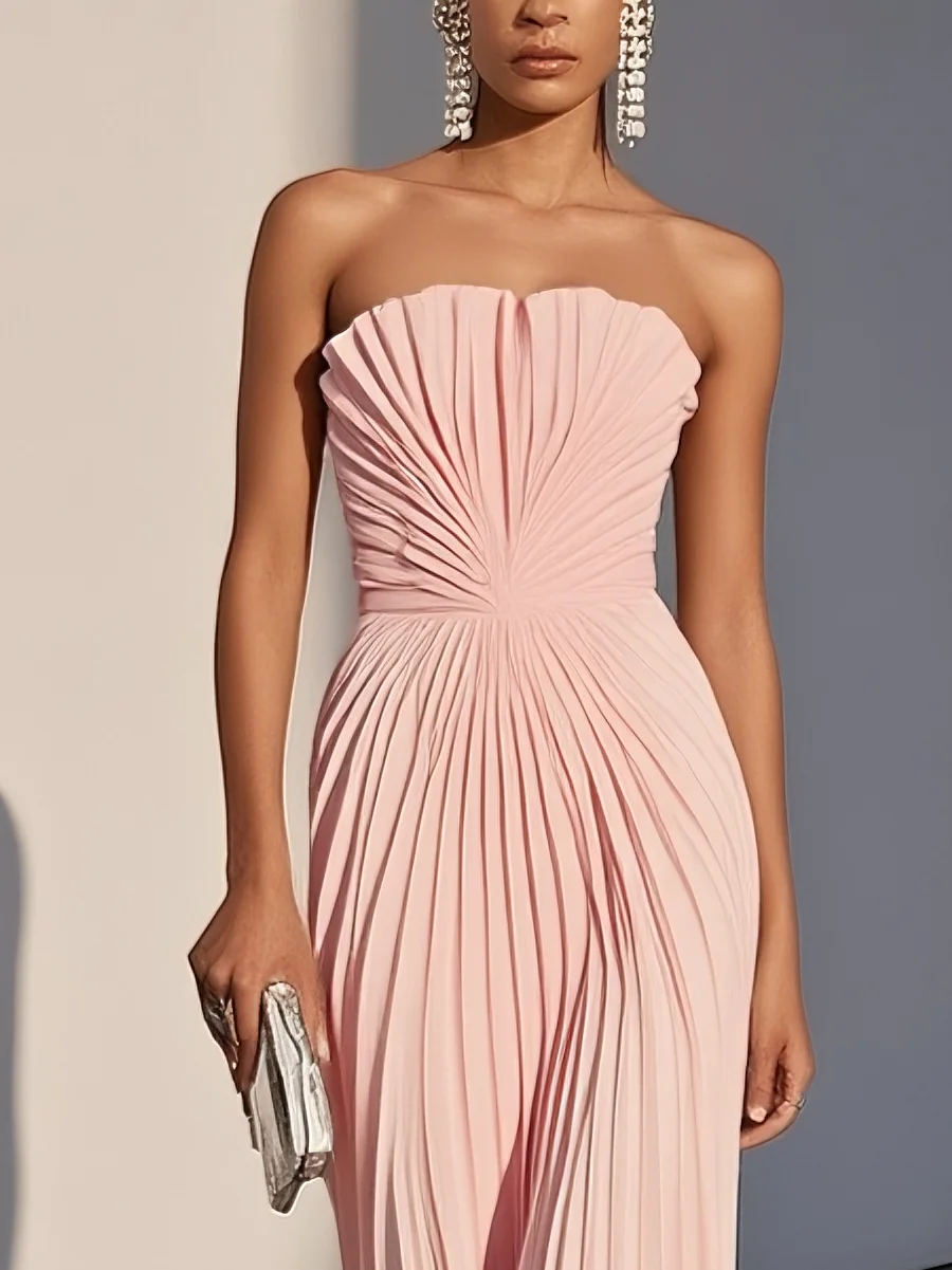 Pink Pleated Classic Strapless Sleeveless A-Line Maxi Dress