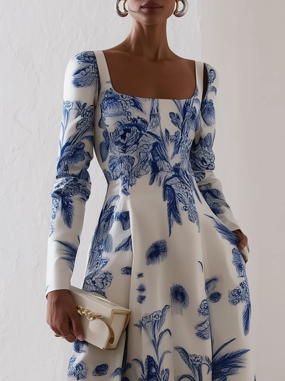 Blue Floral Classic Square Neck Long Sleeve A-Line Midi Dress
