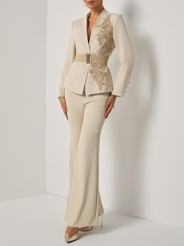 Women Apricot Applique Embroidery Deep V Neck Long Sleeve Dressy Coat With Pants Two-Piece Set